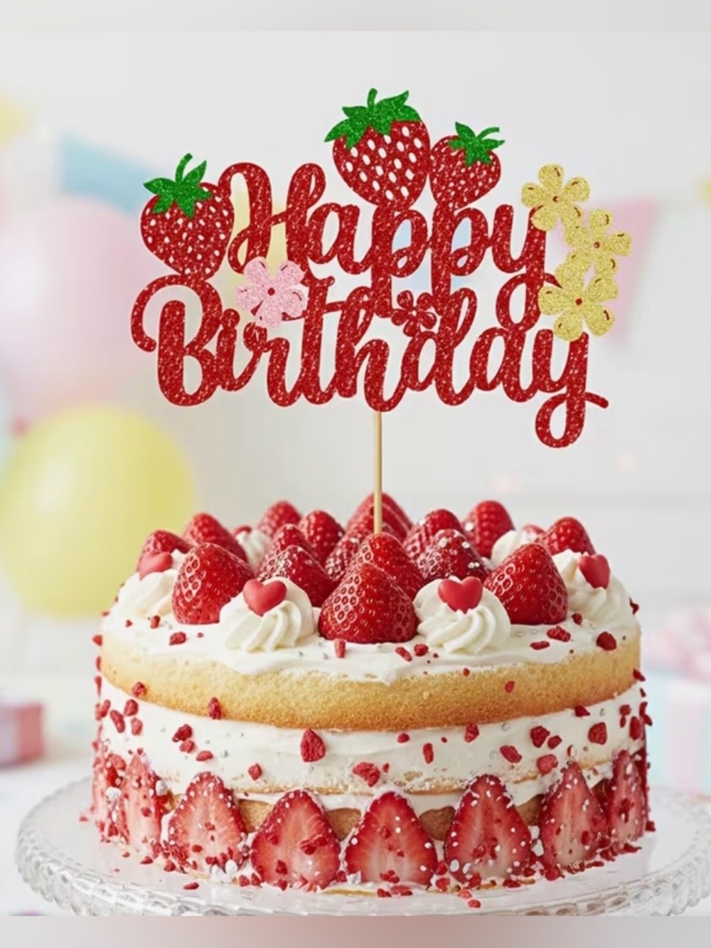 New Happy Birthday Cake Topper Red Glitter Strawberry Theme